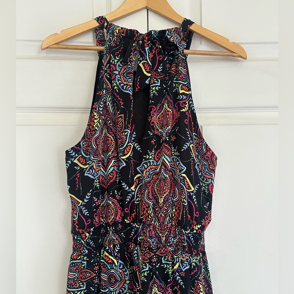 New York & Company Black Paisley Halter Romper with Multicolor Print - Picture 3 of 4